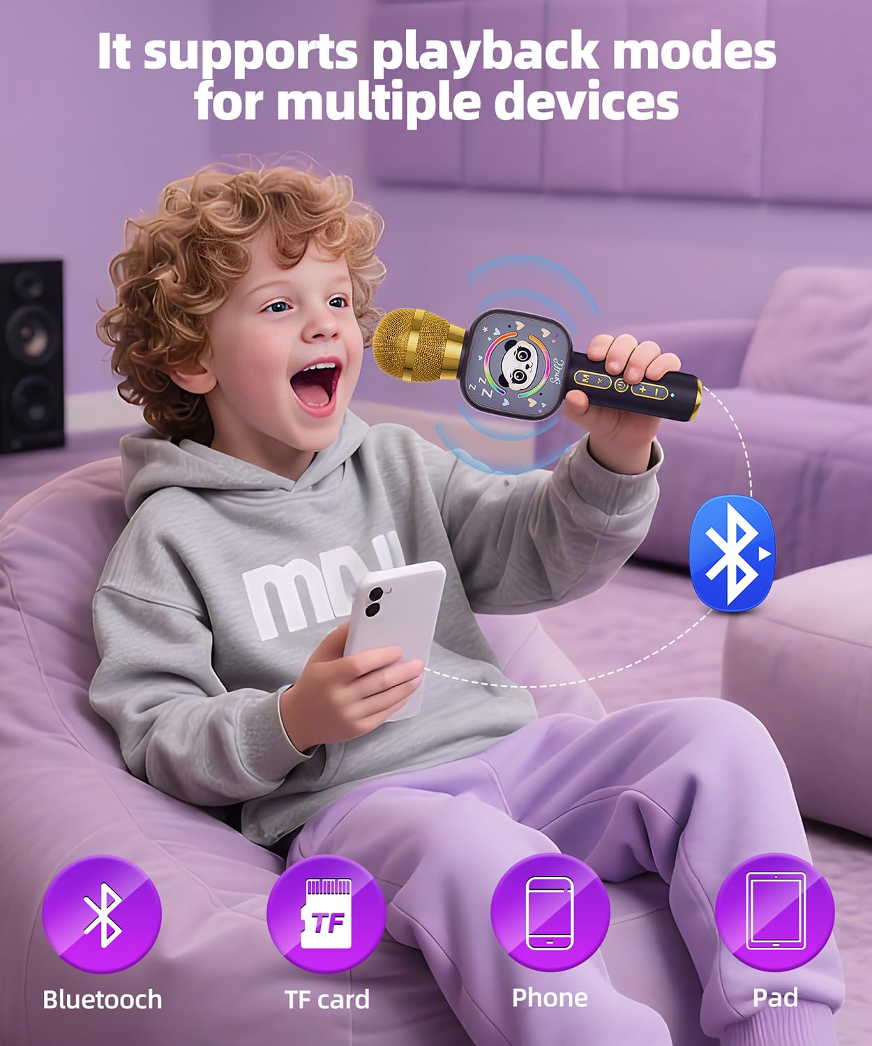 Packaging box for the Qnxoat R wireless karaoke microphone toy showing complete specifications and usage instructions.