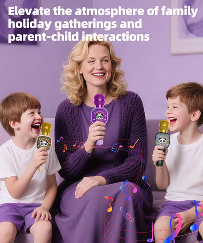 Demonstration of the integrated five-mode voice changer features on the portable purple singing microphone.