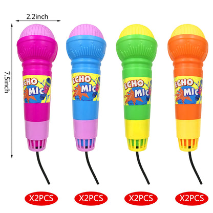 Children holding lightweight plastic karaoke microphones with internal echo spring effect