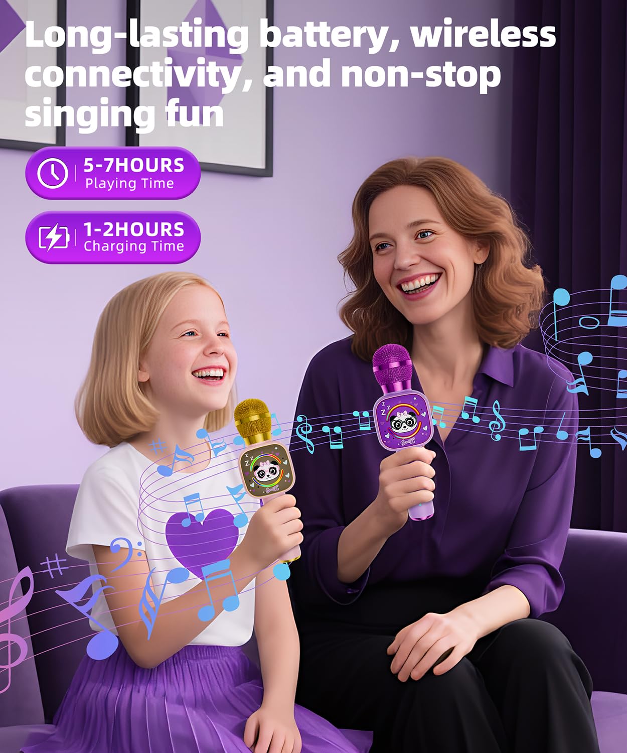 The dynamic LED light show pulsing from the base of the purple kids electronic karaoke microphone speaker.