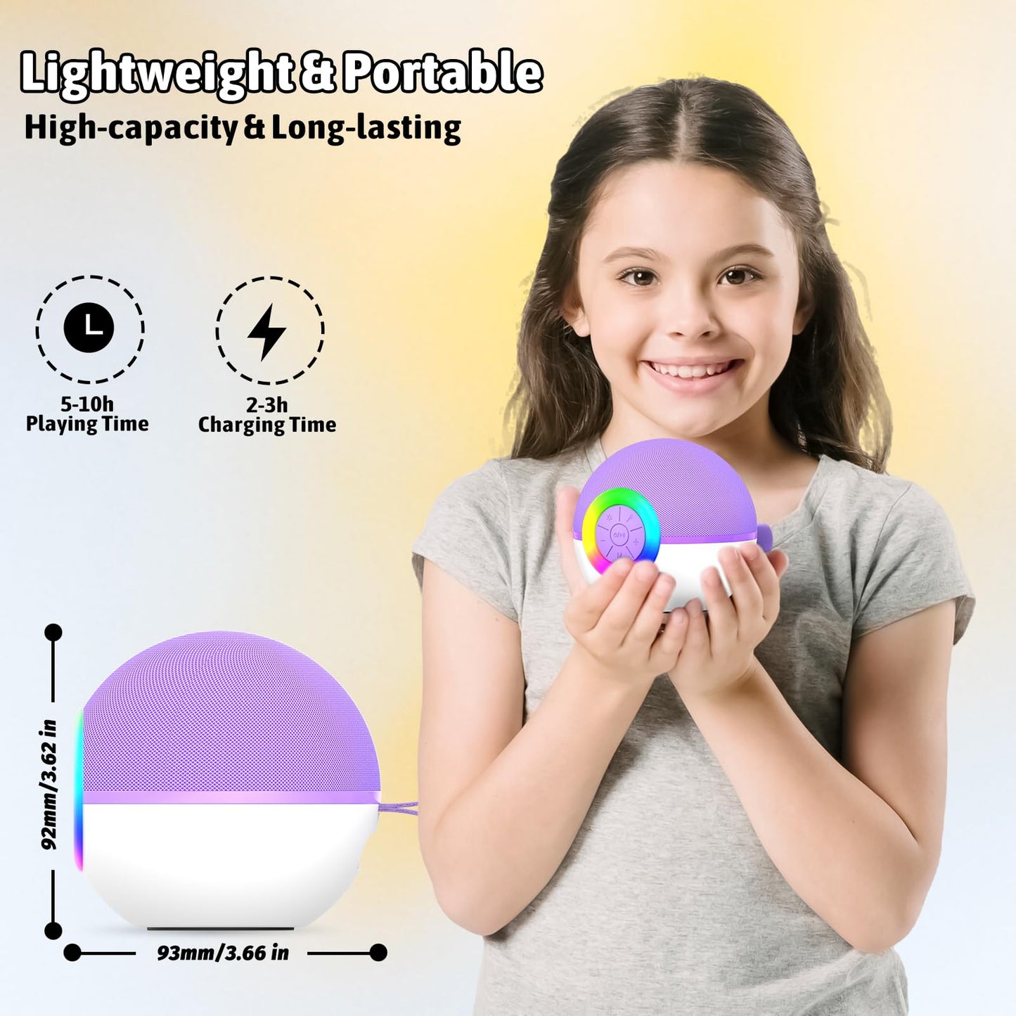 Purple spherical kids singing microphone machine showing control buttons and charging port details