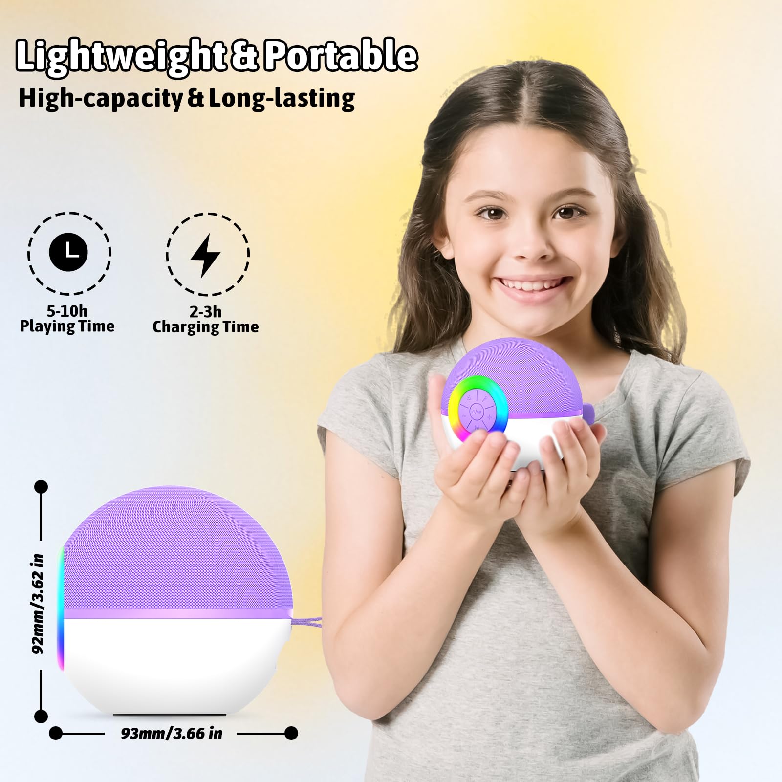 Purple spherical kids singing microphone machine showing control buttons and charging port details