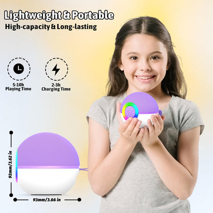 Purple spherical kids singing microphone machine showing control buttons and charging port details