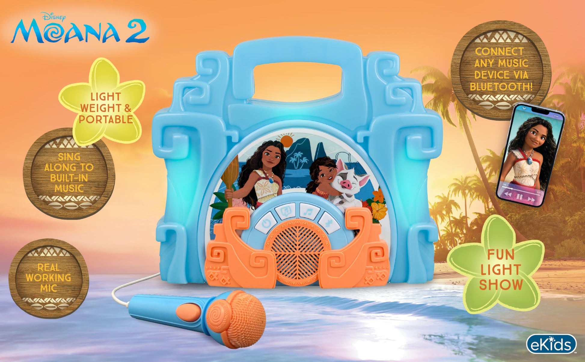 eKids Disney Moana karaoke machine speaker close-up highlighting the multi-colored flashing lights and button controls.