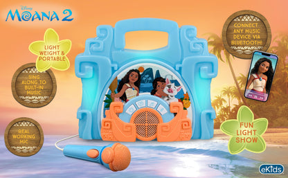 eKids Disney Moana karaoke machine speaker close-up highlighting the multi-colored flashing lights and button controls.