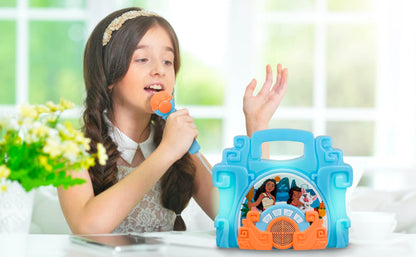 eKids Disney Moana portable boombox toy being carried by its built-in handle demonstrating lightweight design.