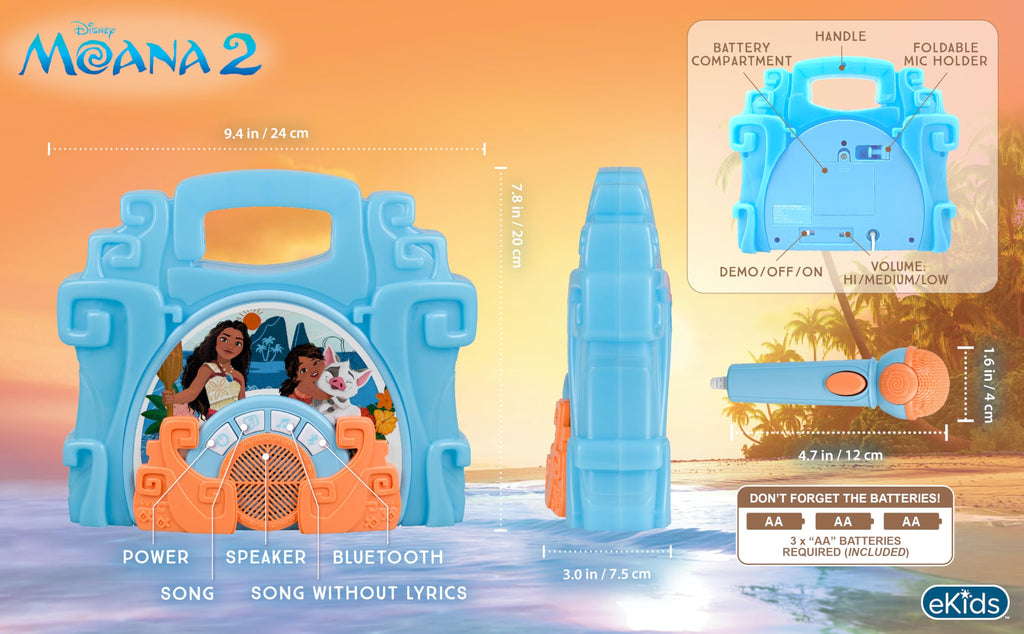 eKids Disney Moana kids singing toy displaying the wired microphone with the amplification button held down.