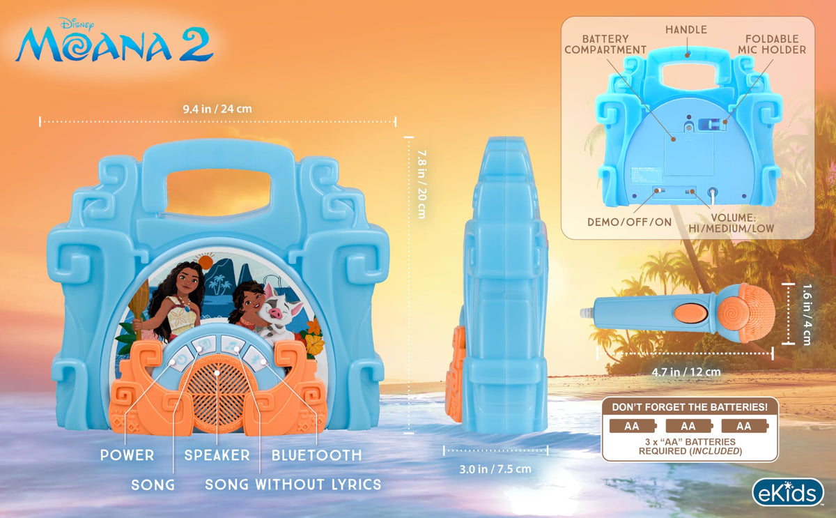 eKids Disney Moana kids singing toy displaying the wired microphone with the amplification button held down.