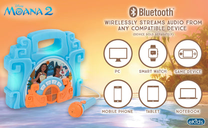eKids Disney Moana audio system rear panel showcasing the battery compartment and clean finish.