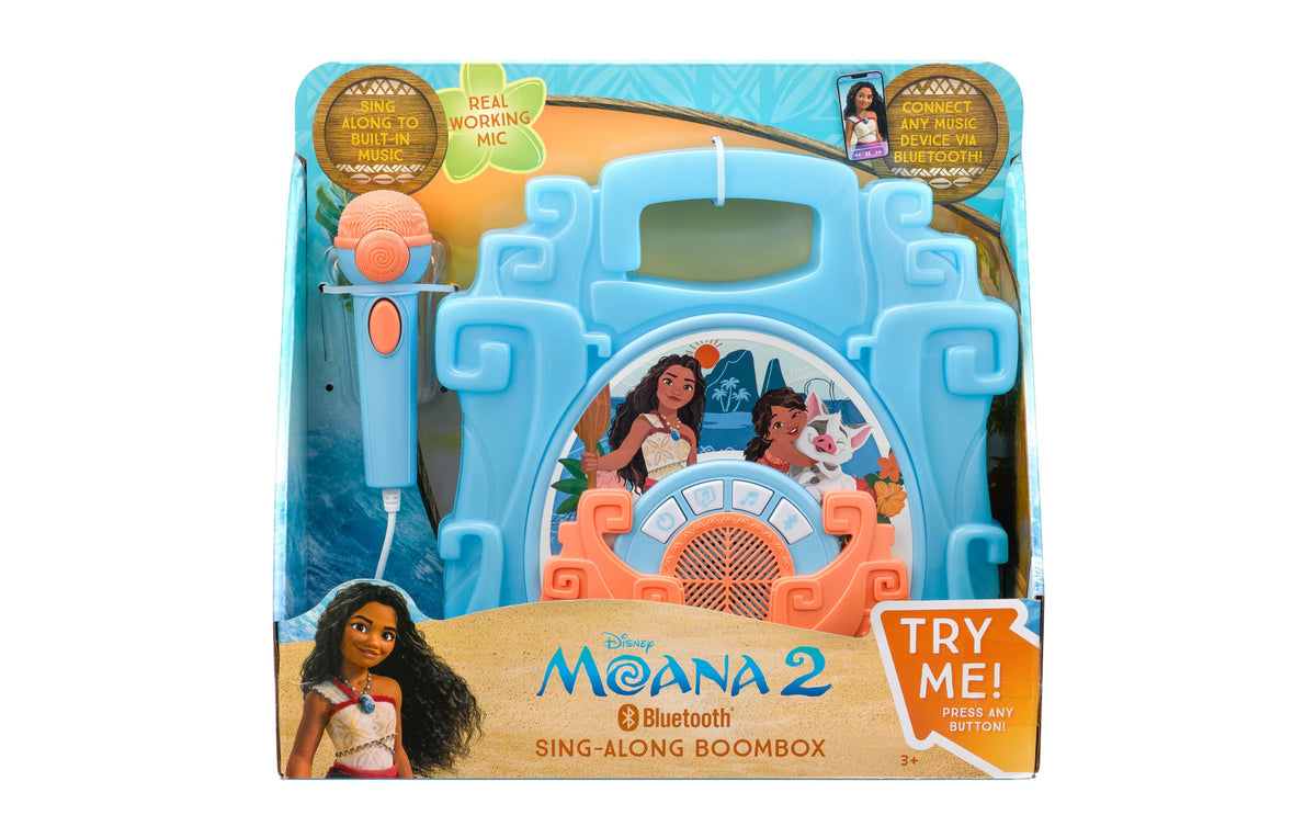 eKids Disney Moana Bluetooth speaker packaging side panel showing age recommendations and key features list.