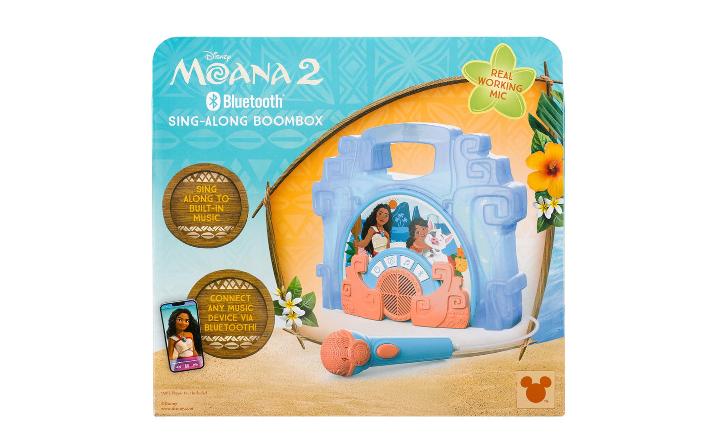 eKids Disney Moana sing-along boombox toy in use during a play session illuminating the colorful lights.