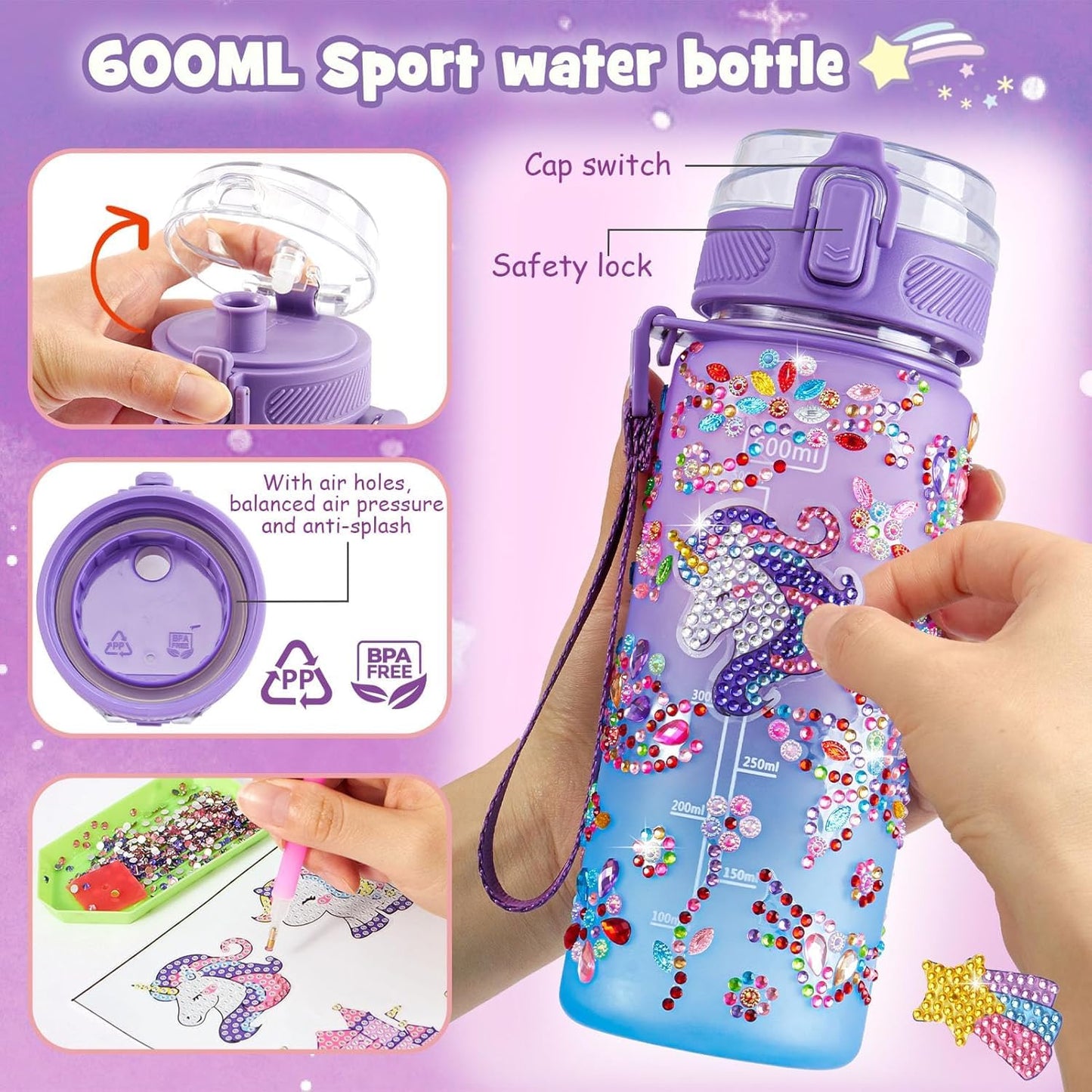 Clear reusable water bottle being decorated with glittery diamond stickers from the DIY craft kit.