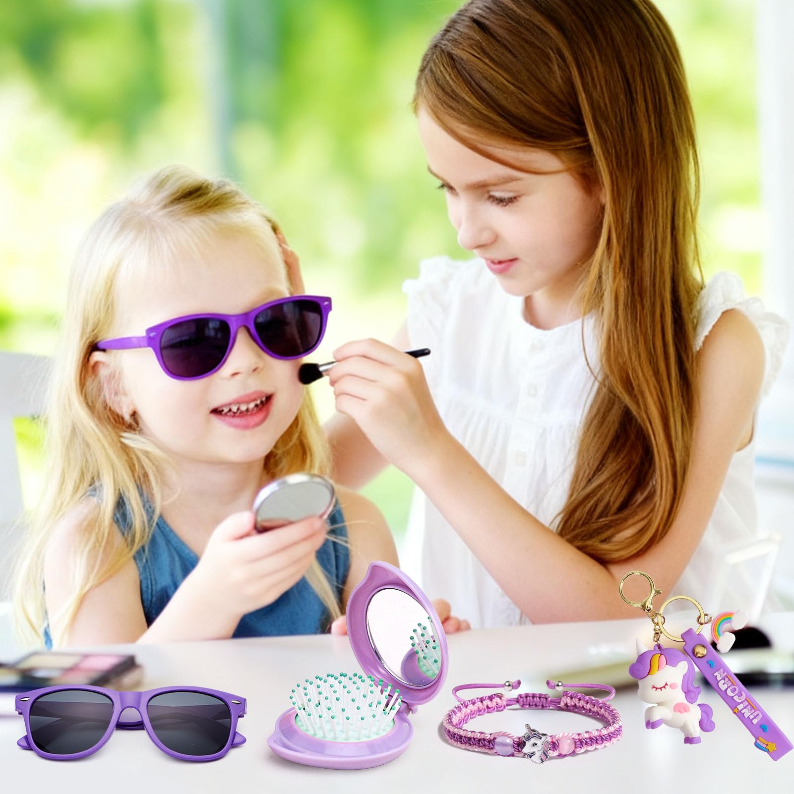 Young girl interacting with the various accessories and musical components of the imported Cleboen unicorn set.
