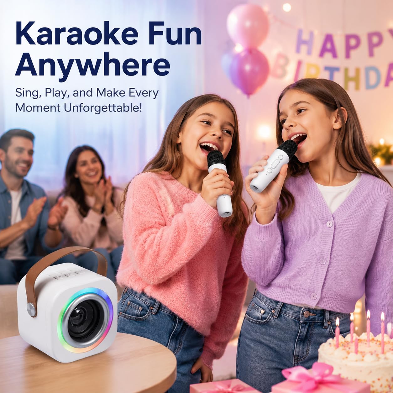 EGivwcvic children's karaoke speaker system highlighting the rear headphone output port and USB charging interface