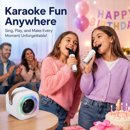 EGivwcvic children's karaoke speaker system highlighting the rear headphone output port and USB charging interface