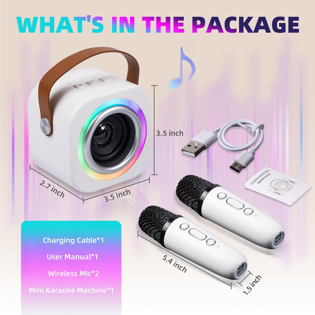 EGivwcvic white mini karaoke machine being carried comfortably using the attached brown leather strap handle