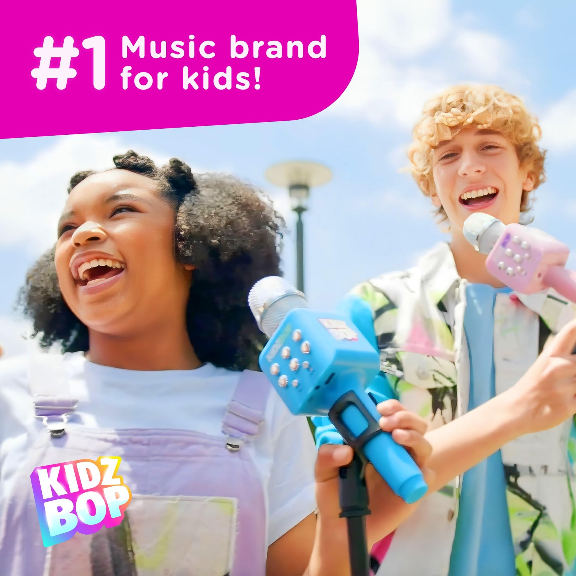 Pink children's Bluetooth singing microphone displaying button controls and speaker grill