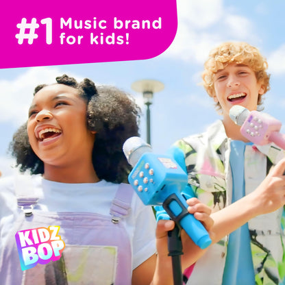 Pink children's Bluetooth singing microphone displaying button controls and speaker grill
