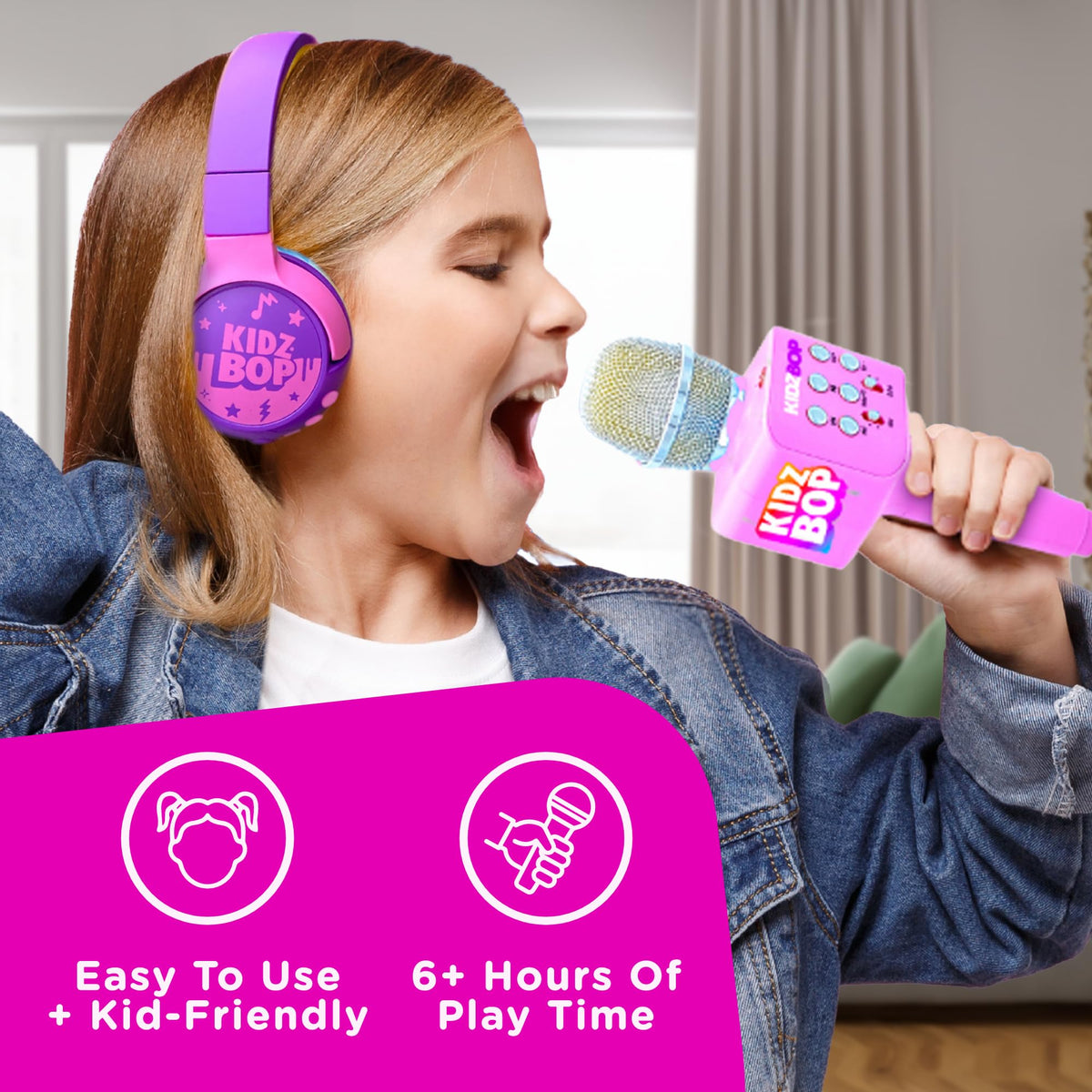 Close up view of the voice effects control panel on a pink karaoke toy