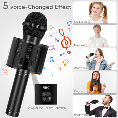 KIDWILL portable entertainment microphone positioned next to a smartphone showing active wireless pairing setup.