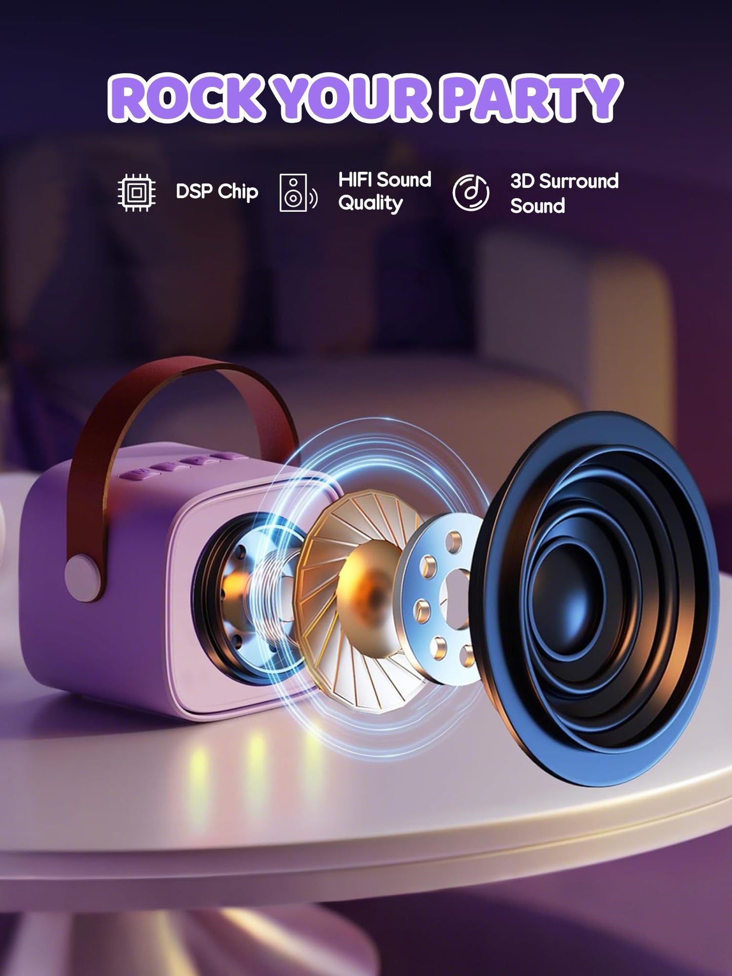 YLL portable Bluetooth karaoke speaker with colorful dynamic LED lights illuminated during a kids party