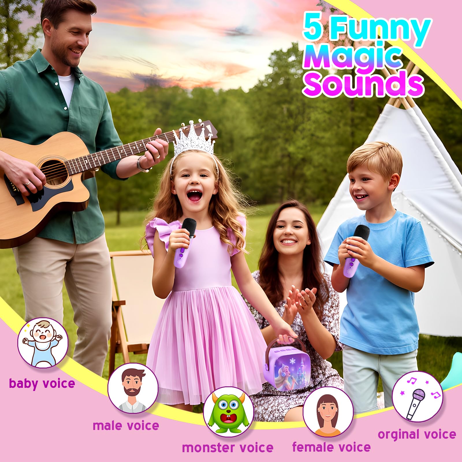 Lrjrizzo mini karaoke machine for girls illustrating the glowing rhythmic colorful LED party lights