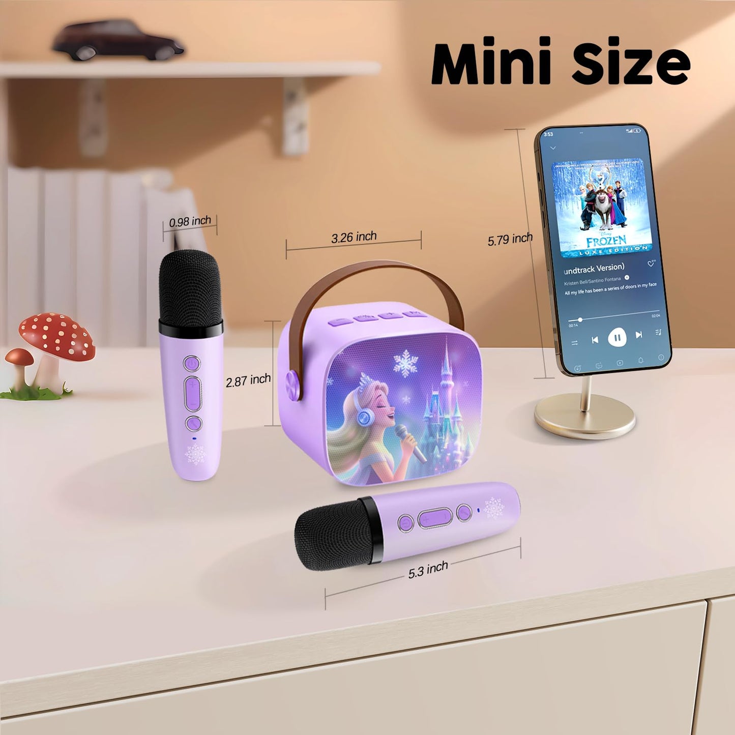 Compact lightweight purple children karaoke machine displaying its portability and side profile