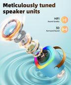 NTEEWAHY blue singing machine with brown leather carry handle and two compact wireless mics