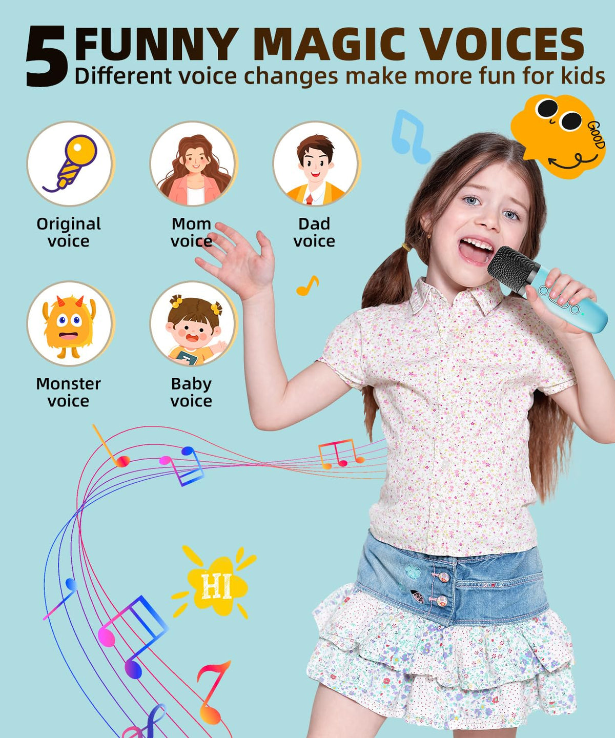 NTEEWAHY kids karaoke setup showing side inputs for TF card auxiliary cable and USB drive