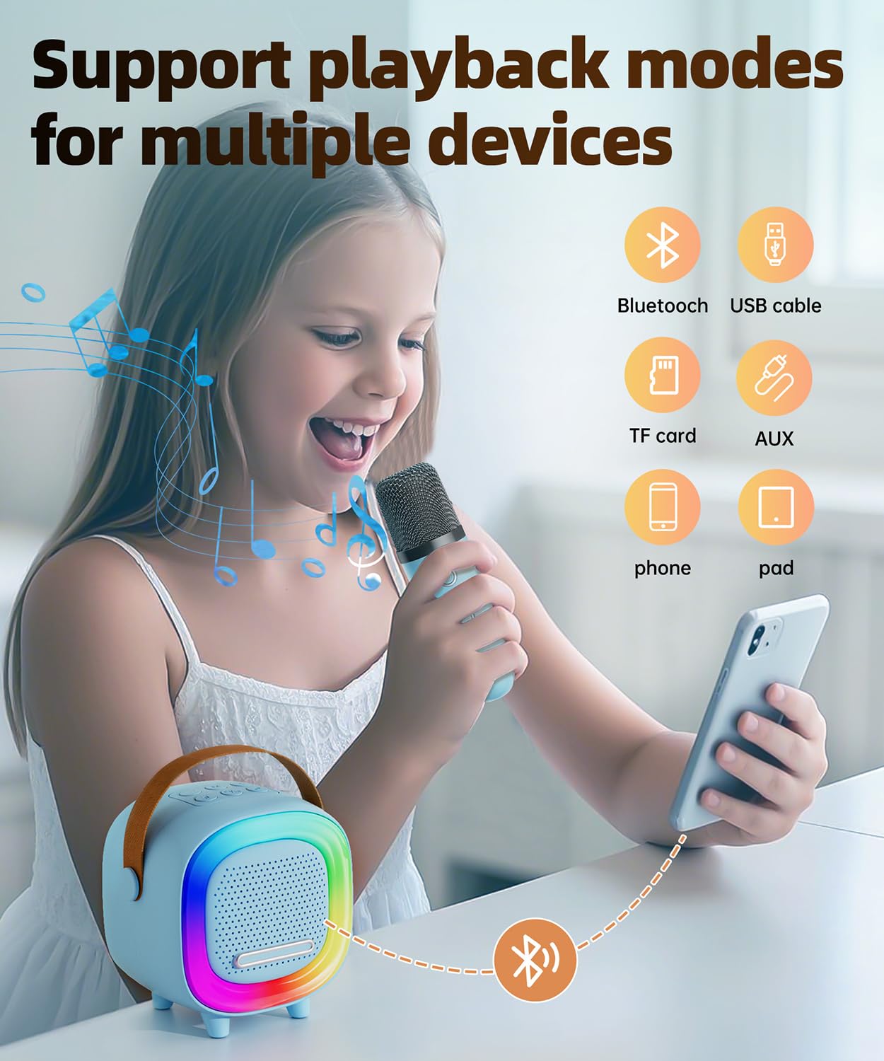 NTEEWAHY mini vocal speaker highlighting the five built in digital voice changer mode buttons