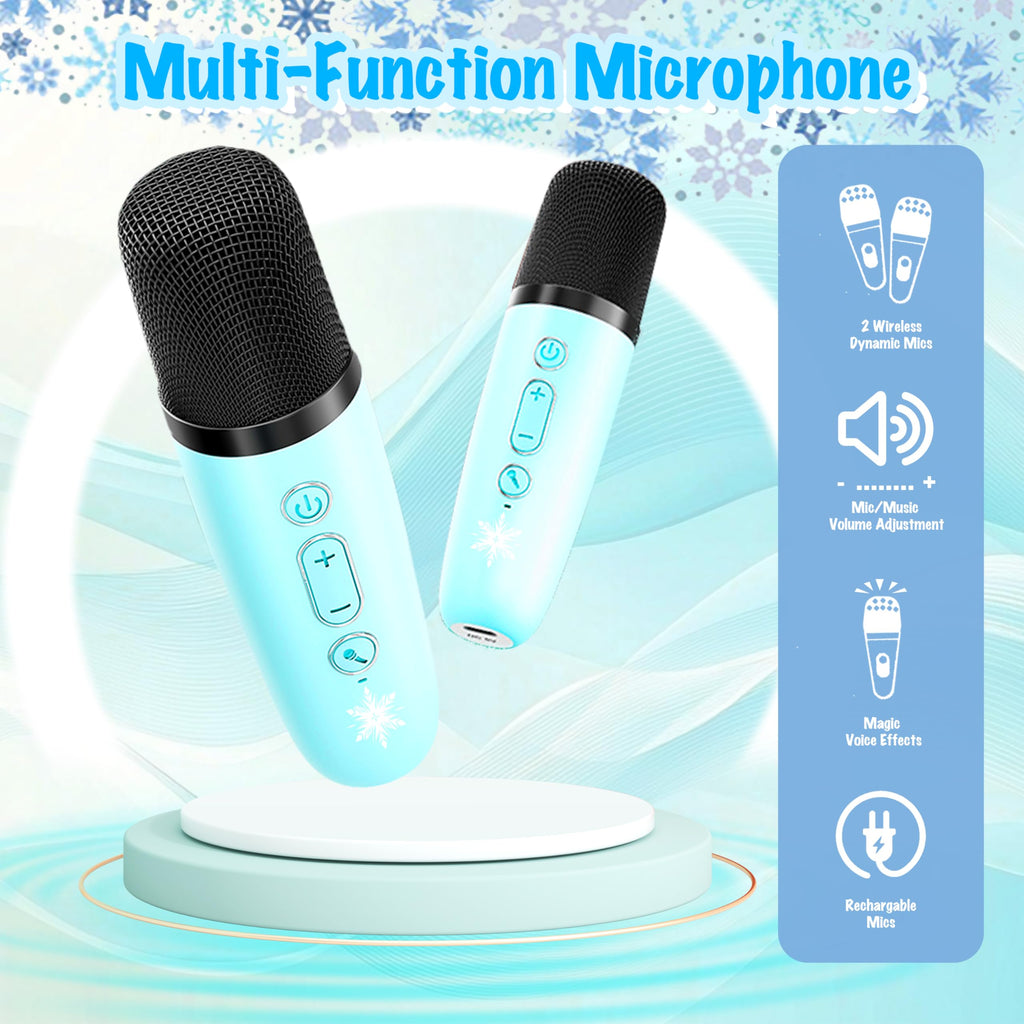 Two blue wireless microphones for kids featuring magic voice effect controls and compact ergonomic grip.