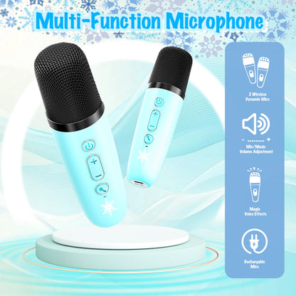 Two blue wireless microphones for kids featuring magic voice effect controls and compact ergonomic grip.
