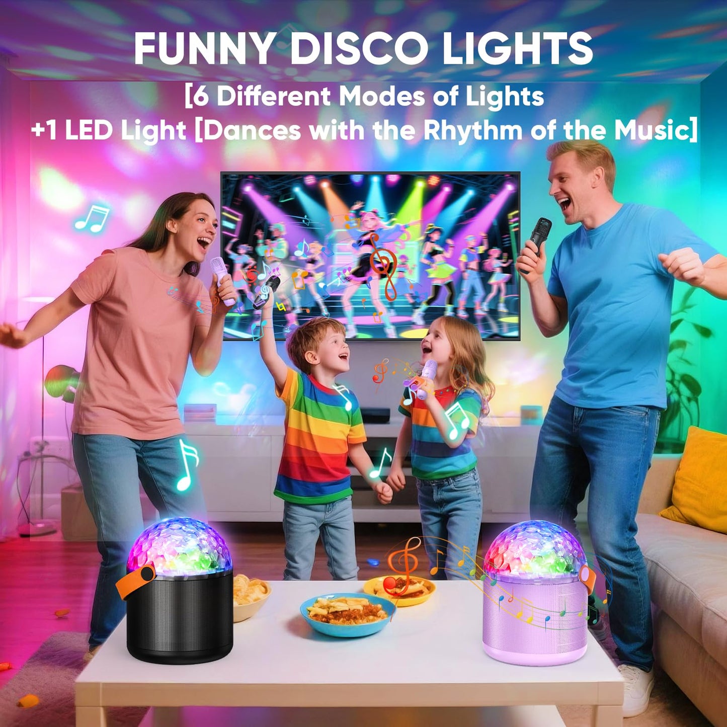 Portable Bluetooth speaker with colorful LED lights projecting a vibrant pattern for home parties.