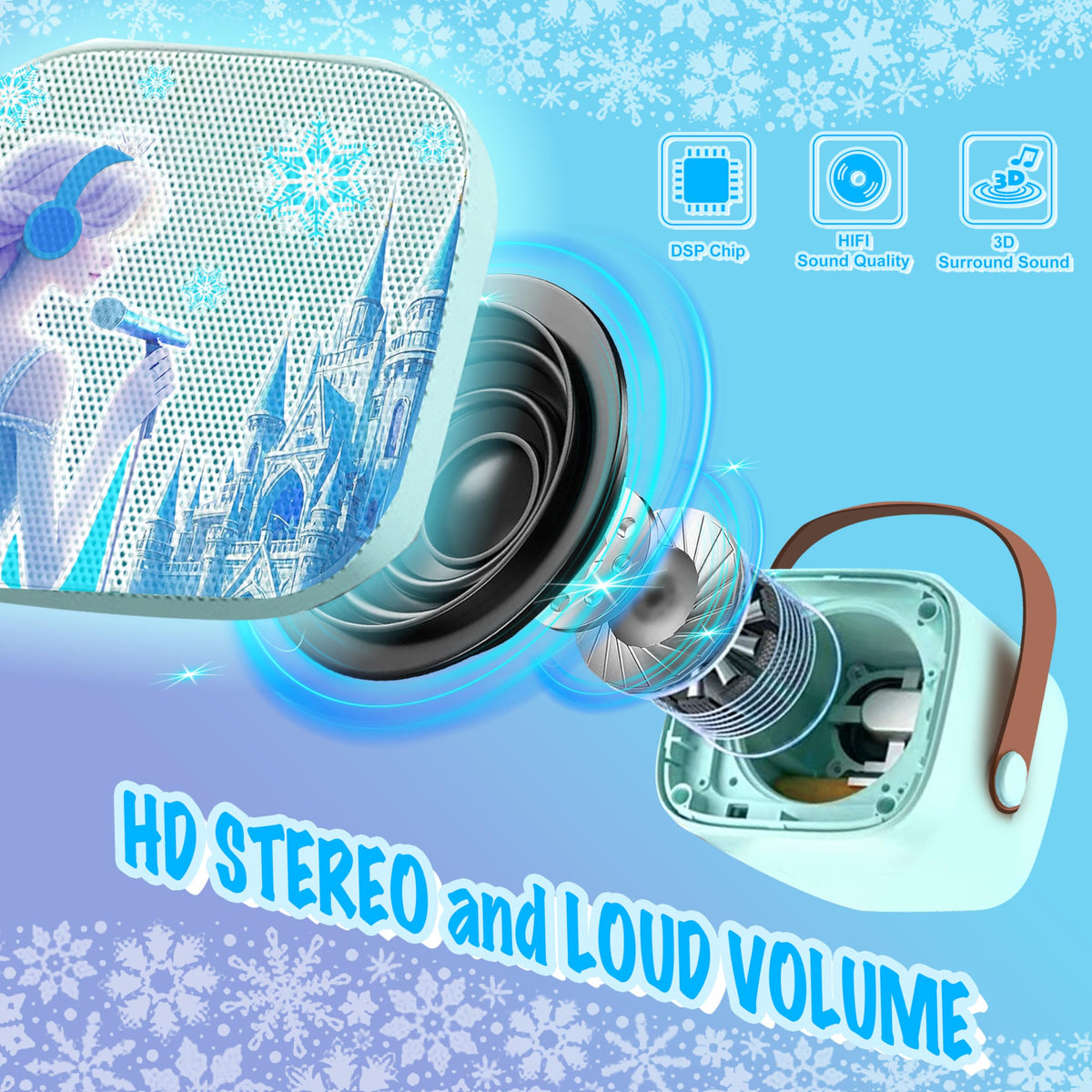 Side view highlighting the compact carry strap and durable build of the portable princess karaoke box.