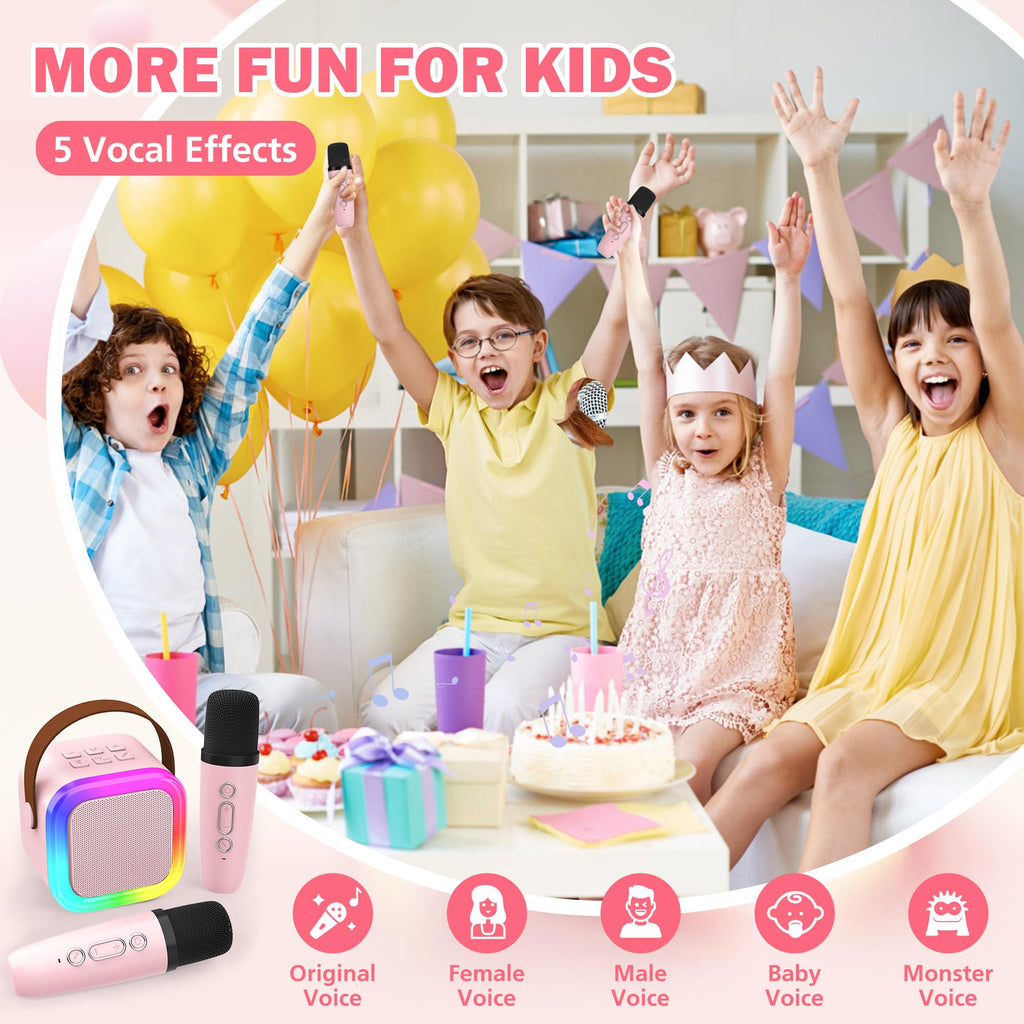 Pink kids Bluetooth speaker with wireless microphones for family home party