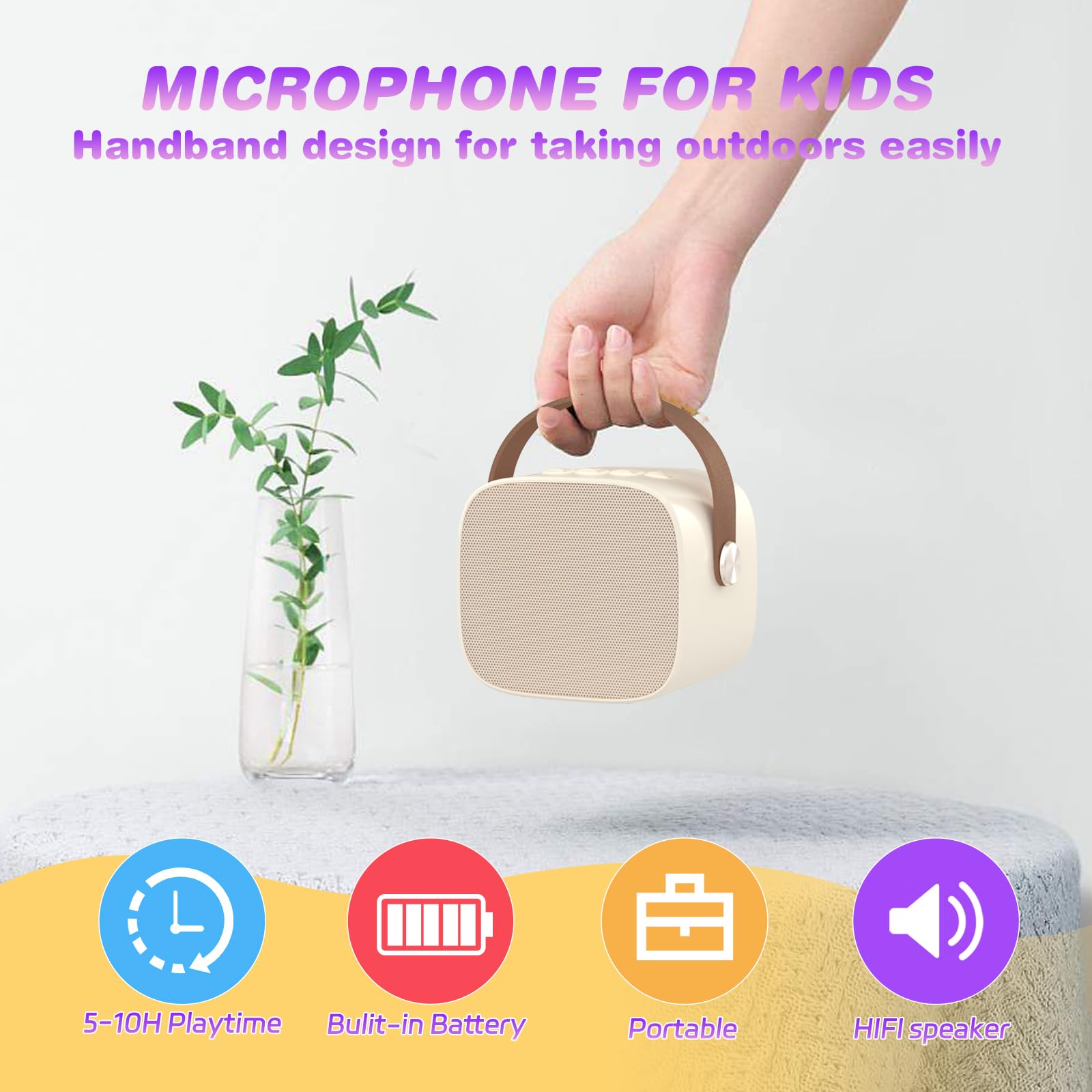 Side view displaying the compact size and lightweight profile of the MEGUO entertainment speaker.