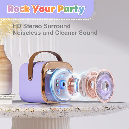 FLUESTON portable Bluetooth speaker with two purple wireless microphones for duets