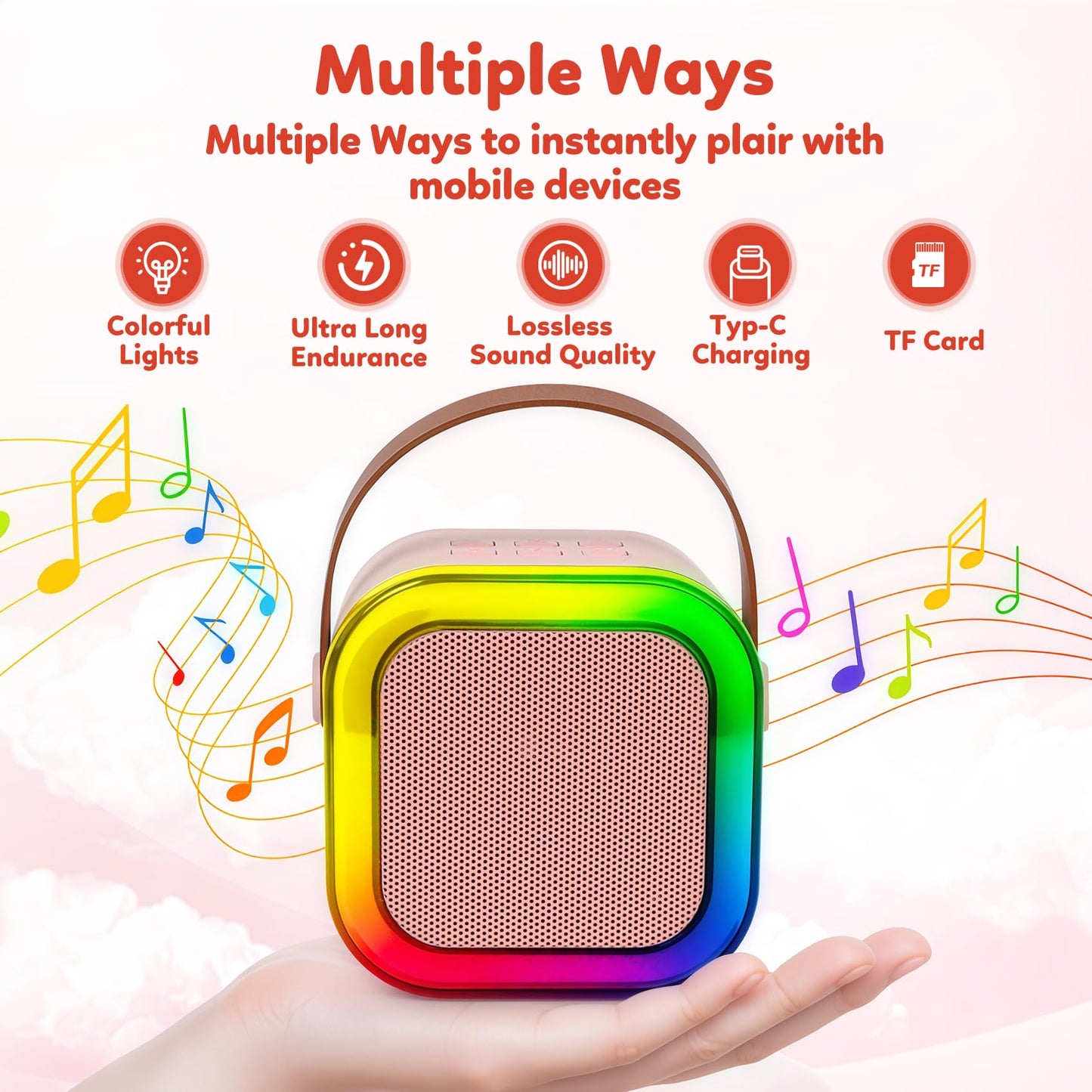 Portable children's singing speaker with glowing RGB LED lights and leather carrying handle.