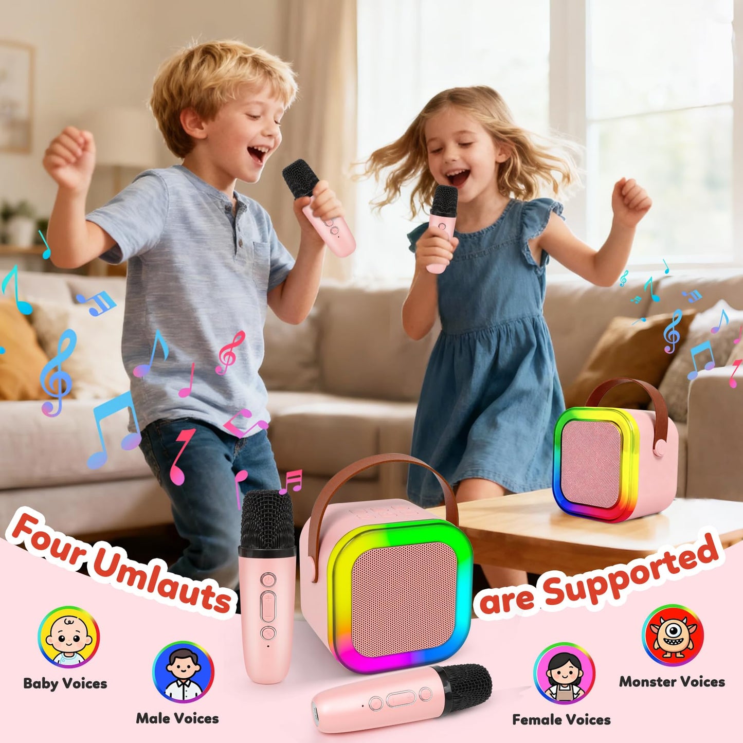 Side view of pink mini Bluetooth speaker illustrating TF card slot and USB drive connectivity.