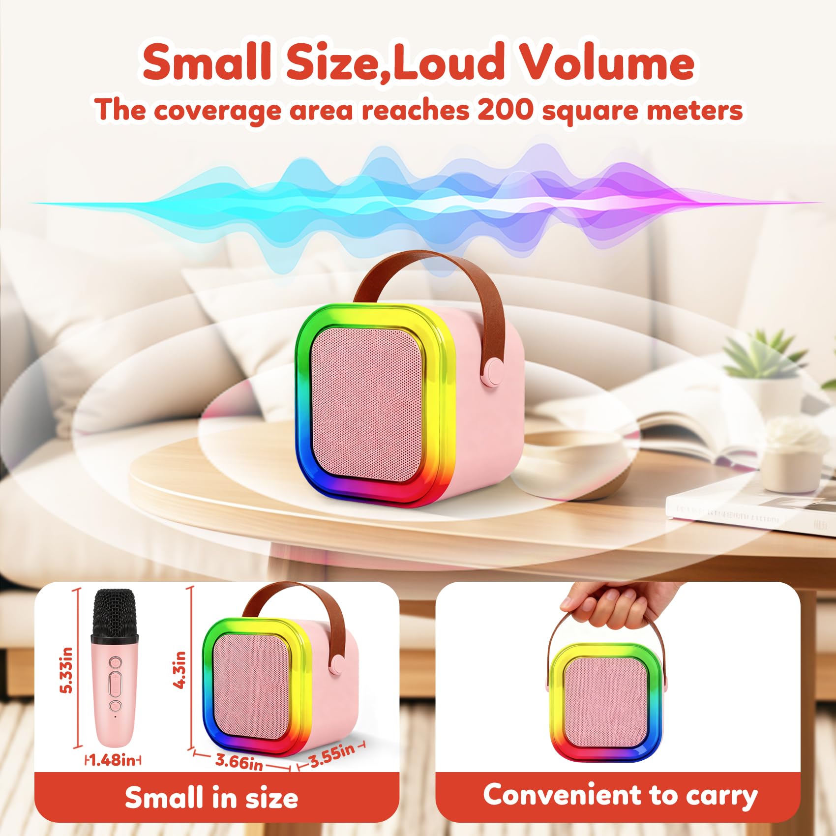 Rechargeable kids karaoke machine set with packaging box and included charging cables.