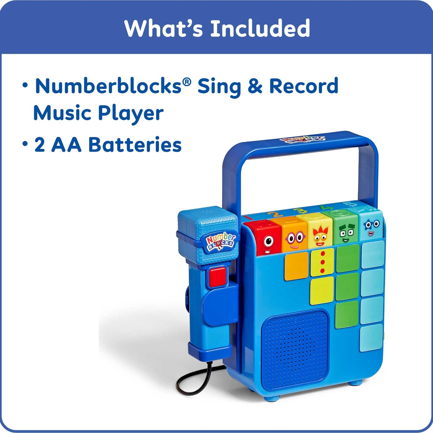 Toddler educational boombox with attached microphone showing colorful character counting buttons.