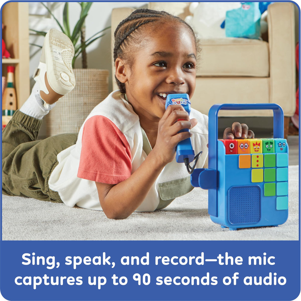 Close-up of the recording microphone and volume control buttons on the Numberblocks music player.