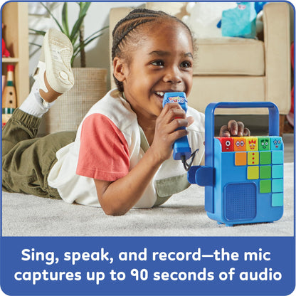 Close-up of the recording microphone and volume control buttons on the Numberblocks music player.
