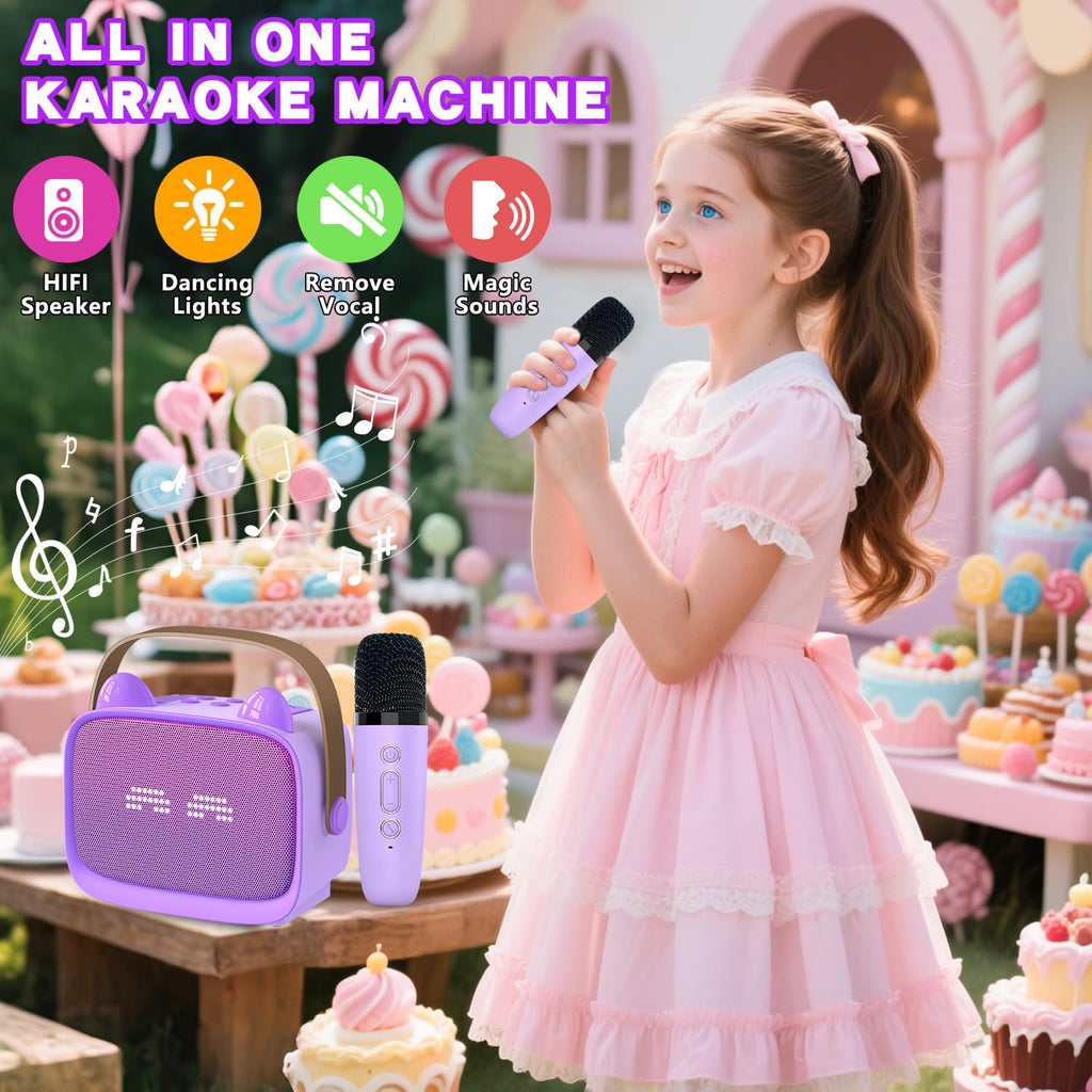 Lilac children portable Bluetooth speaker with cat ear details and glowing emoji display screen