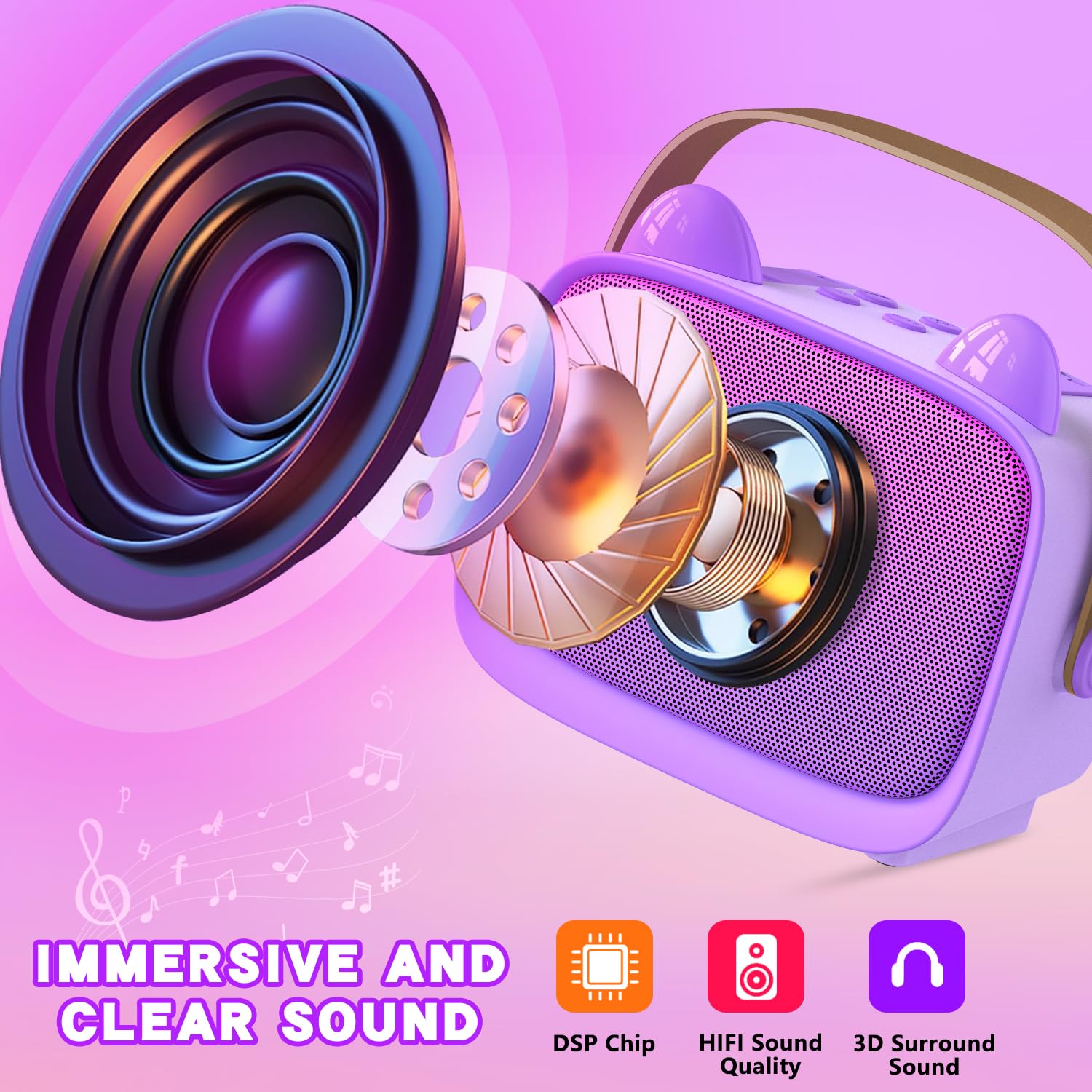 Two purple wireless microphones with voice changing buttons for kids singing duets