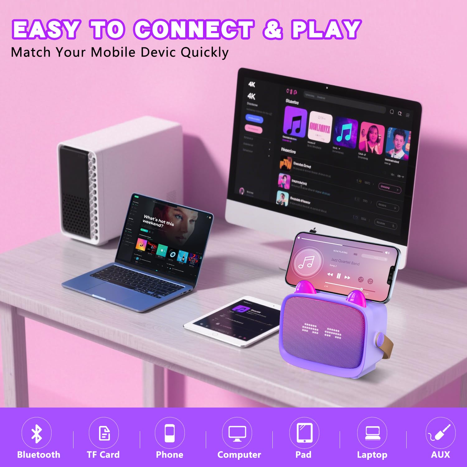 Mgaolo mini karaoke speaker showing multi color LED lights syncing to music rhythm