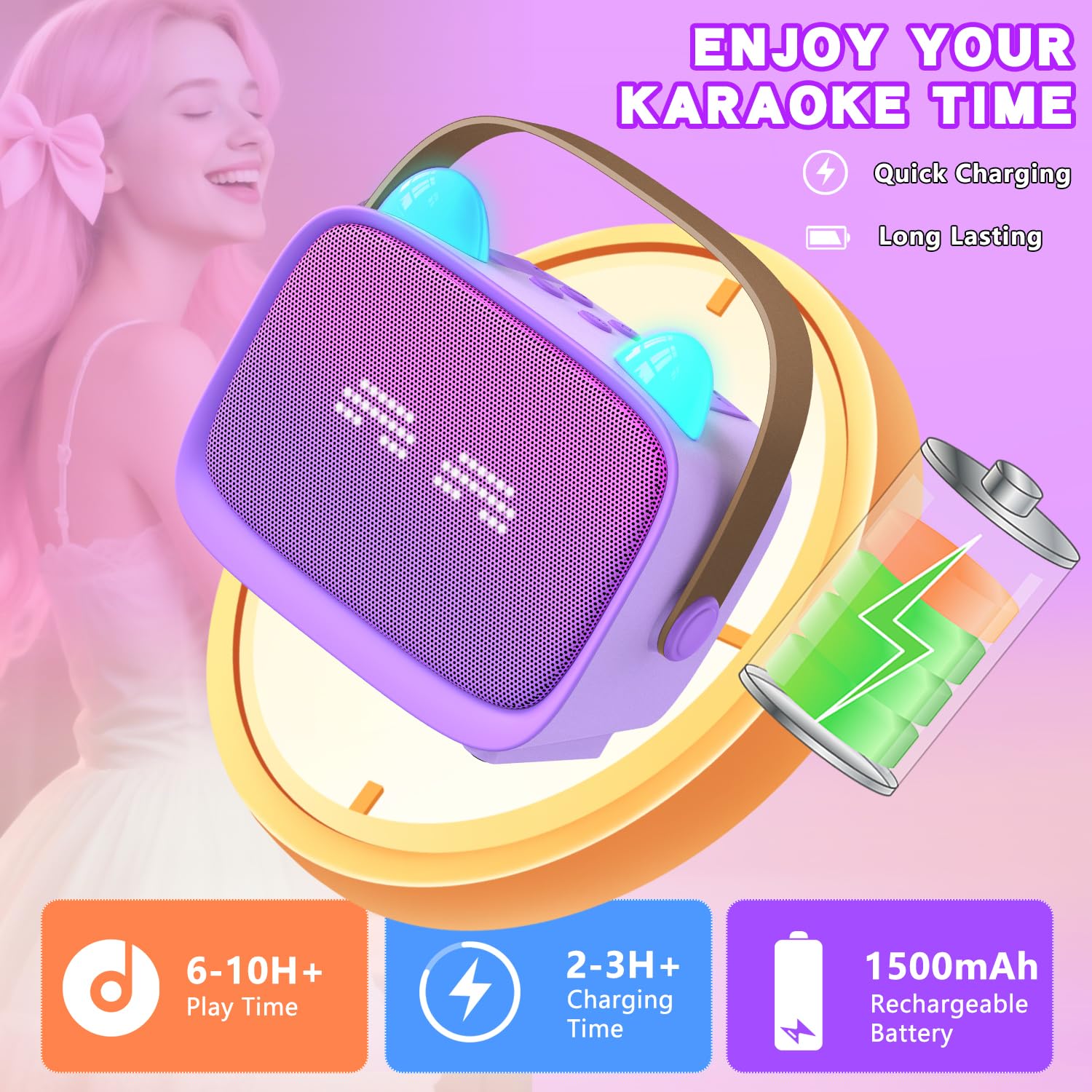 Compact purple speaker being held by a child to demonstrate lightweight travel portability