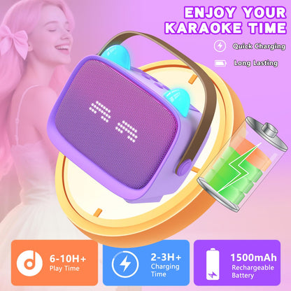 Compact purple speaker being held by a child to demonstrate lightweight travel portability