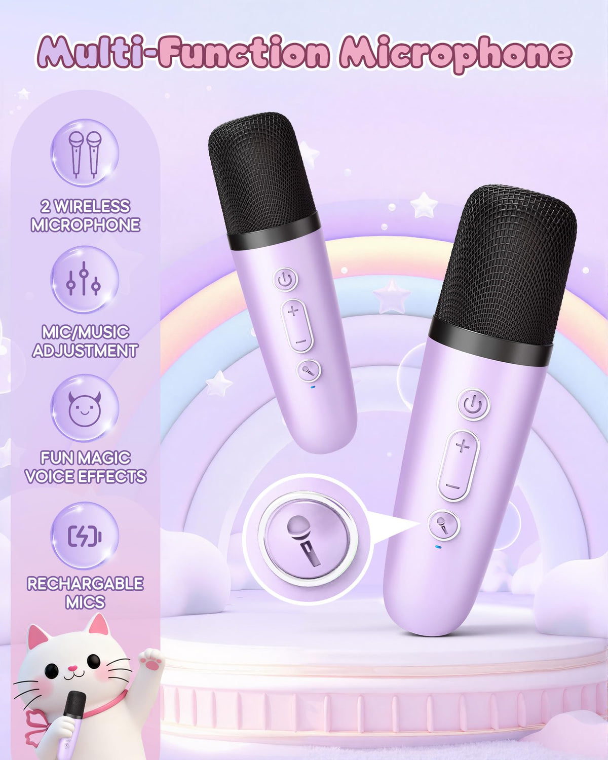 Close up of the child friendly control buttons and TF card slot on the purple Bluetooth speaker