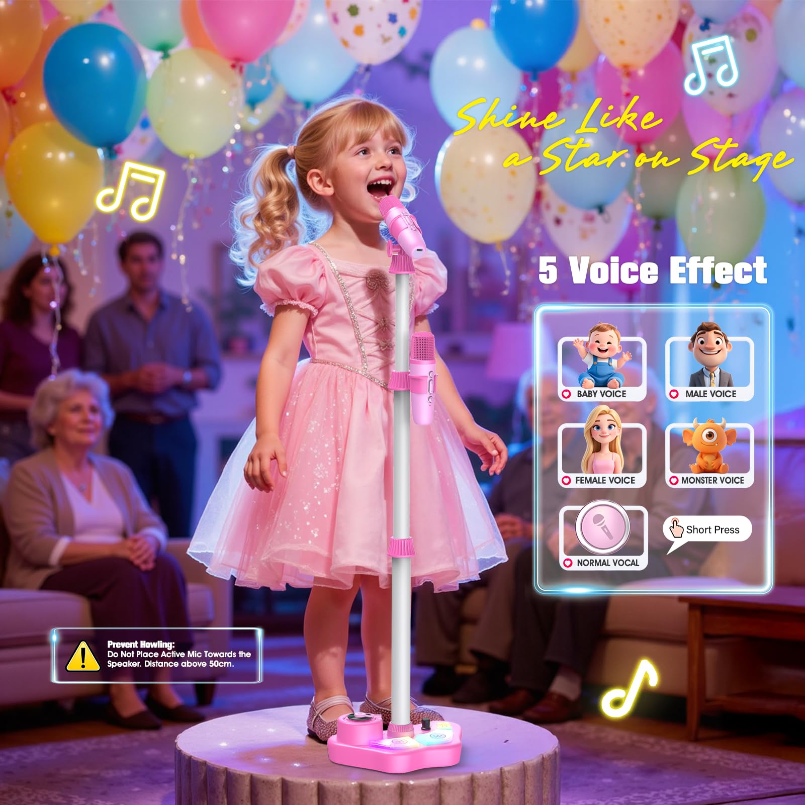 Two lightweight wireless microphones designed for toddlers resting next to the pink entertainment system base